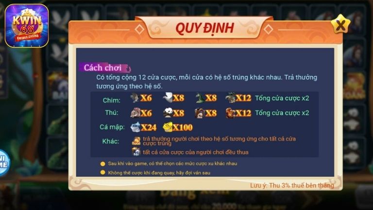 Luật chơi game quay thú KWIN68