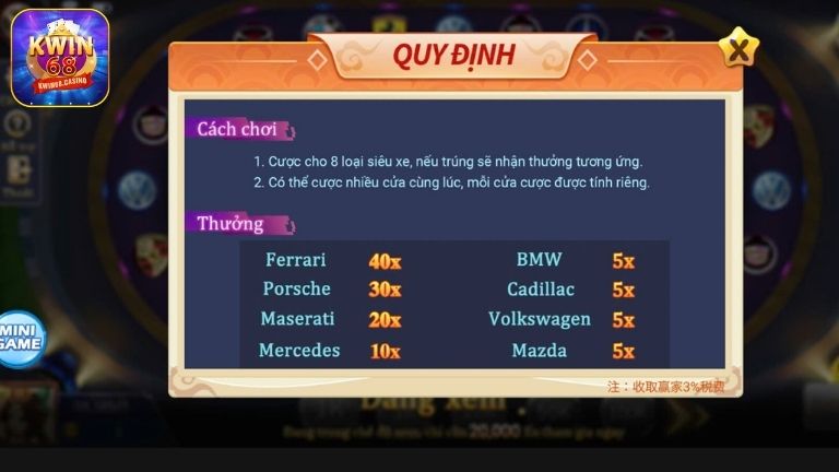 Luật chơi siêu xe KWIN68